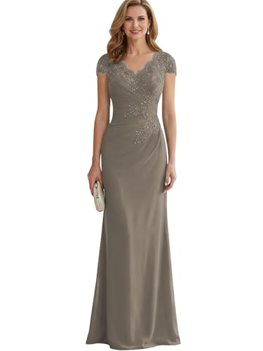 Long Lace Mother of The Groom Dresses for Wedding V Neck Ruched Taupe Formal Evening Gown Size 2