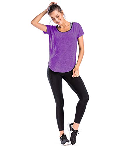 Womens Workout Tops Basic Tees For Women Activewear T-Shirt Open Back Short Sleeve Yoga Summer Dark Purple #TOP4