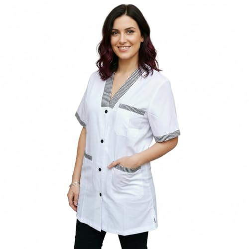 Camice da lavoro donna,casacca alimentari,colf,cameriera ai piani maestra asilo (bianco inserto sale e pepe, L)