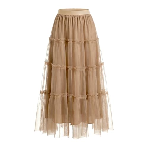 kephy Women's A-Line Tiered Flowy Tulle Midi Skirt High Elastic Waist Khaki