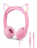 PINGKO Kids Headphones: Toddler Headphones with Microphone - Cat Ear Headphones for Girls Boys, LED Light 3.5mm Jack, 85db Volume, Music Sharing Stereo Earphones for iPad | School | Travel (Pink)