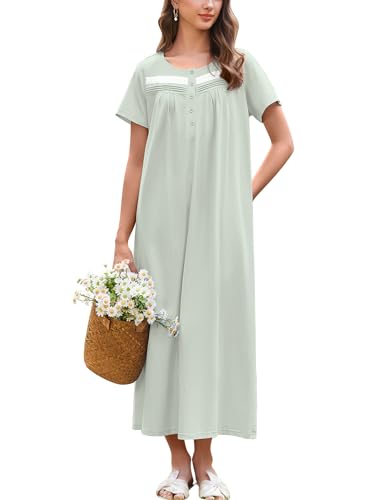 Image of Ekouaer Nightgown for Women Cotton Long Night Gown Short Sleeve Nightdress with Pockets Button Sleepshirt Soft Sleepwear