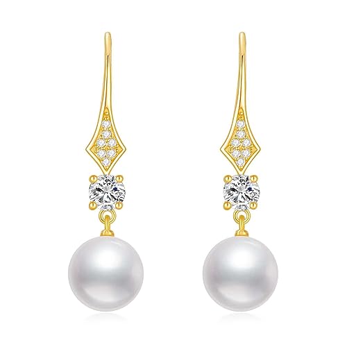 SISGEM 10k Gold Created Moissanite and Freshwater Cultured Pearl Dangle Earrings for Women, Fine Jewelry Gifts for Her