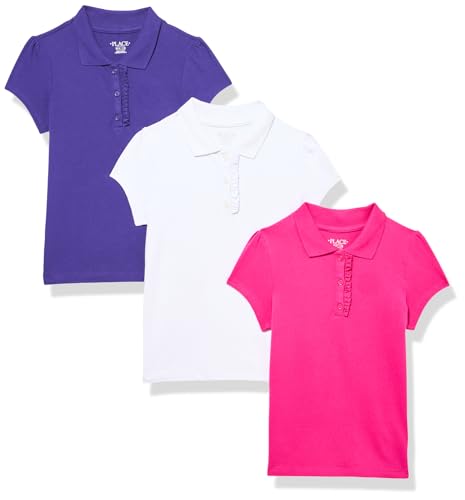 The Children's Place,Girls,Multipack Short Sleeve Ruffle Pique Polos,Aurora Pink/Regal Violet/White 3-Pack,XX-Large