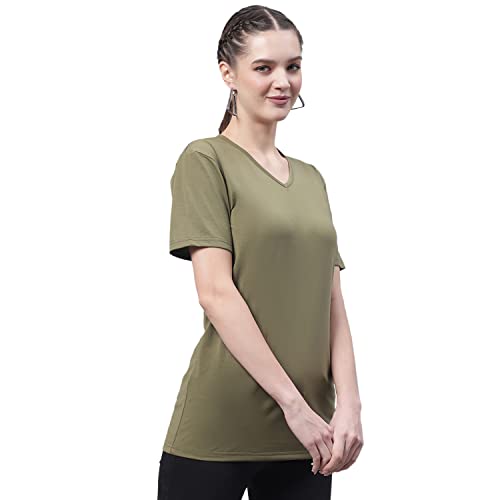 Image of Mack Jonney Women V Neck Cotton Solid Regular Fit T-Shirt-V Anthraa 001-P