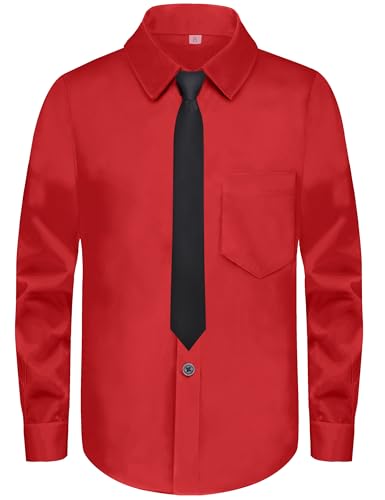 MagicSite Boys Dark Red Button Down Dress Shirt with Tie Youth Boys Long Sleeve Button Up Shirt Size 14 for Teens