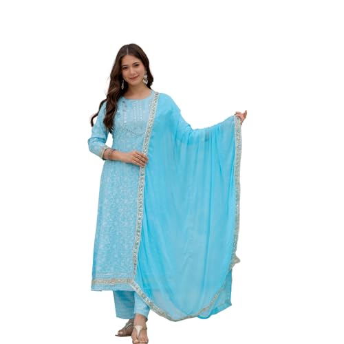Rosarue Women’s 100% Rayon Anarkali Kurta Pant Set with Dupatta | Indian Ethnic Pakistani Style Kurti for Summer Festive & Casual Wear(Sky Blue,Medium)