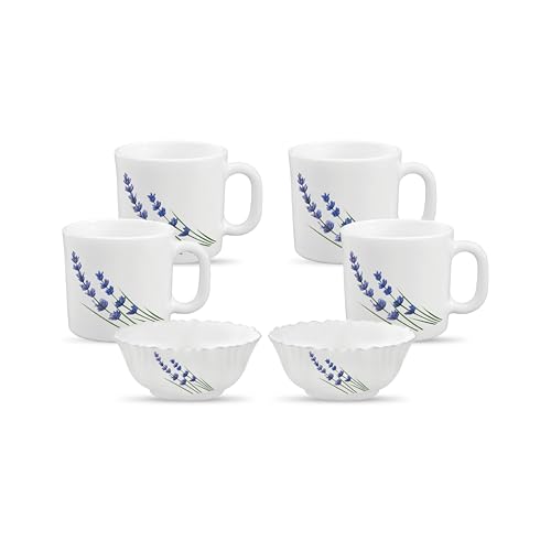 Image of La Opala Novo Collection Opal Glass Crockery | Gift Set of 6 | Coffee Time Set 6 pcs English Lavender | Bowls & Coffee Mugs | Microwave Safe | 100% Vegetarian | Extra Strong | Super Light & White