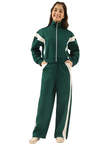 Image of Li'l Tomatoes Girls Solid Fleece Winter Track Suit | Zip-Up High Neck Jacket & Wide-Leg Track Pants | Casual Co-Ord Set | 9-16 Years