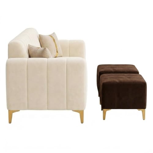 Image of FURNY Harmony 5 Seater L Shape Sofa Set with 2 Movable Ottoman & Golden Legs | Flexible Left or Right Layout | Plush Velvet Fabric (Dark Brown-Cream) | Perfect for Living Room, Guest Room & Office