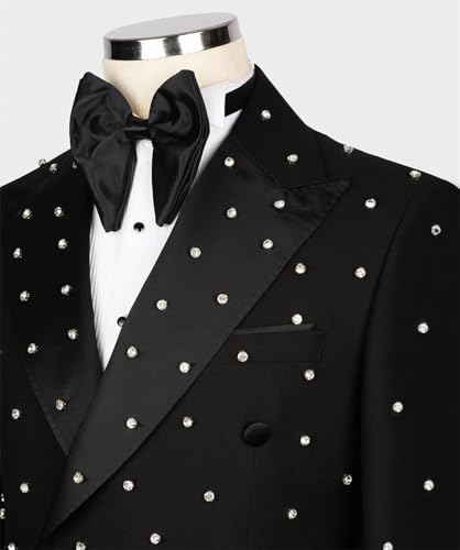 Mens 2 Pieces Suit Slim Fit Double Breasted Tuxedo Blazers Pants Outfit with Handmade Crystal Rhinestone4