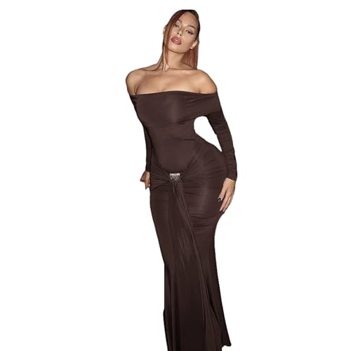 Women\'s Elegant Off Shoulder Long Sleeve Maxi Dress Sexy Strapless Ruched Metal Buckle Ribbon Bodycon Party Cocktail Dresses Brown