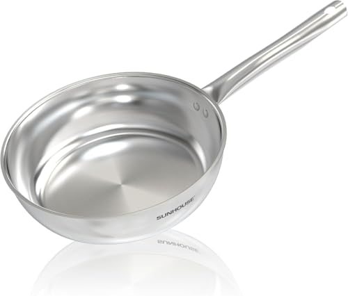 SUNHOUSE 8 Inch Tri-Ply Stainless Steel Frying Pan, Whole-Clad No Coatings Skillet with Stay-cool...