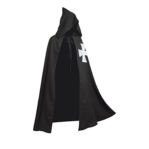 Manteau chevalier hospitalier noir vêtement medieval avec croix blanche et capuche