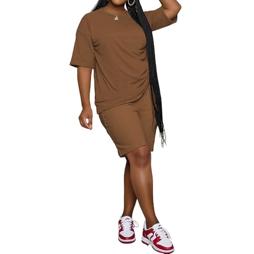 PINSV 2 Piece Sets for Women Summer Casual Short Sleeve Top and Short Workout Jogger Sets Brown XXL