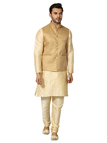 Image of Uri and MacKenzie Men's Silk Blend Regular Kurta Churidar Pyjama with Bundi Nehru Jacket /Waistcoat