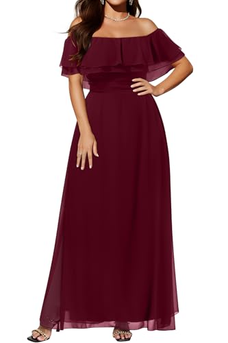 Image of Pinup Fashion Plus Size Formal Bridesmaid Wedding Guest Chiffon Long Dress | Chiffon, off-the-shoulder neckline, layered ruffles, ruched elastic waist, floor-length, evening party, wedding guest