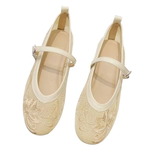 WENJIAZHIZHI Women's Round Toe Embroidered Ballet Flats Retro Dressy Buckle Flat Shoes Elegant Wedding Soft Slip-Ons for Women