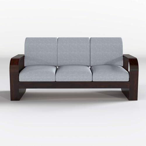 Image of Solid Sheesham Wooden 5 Seater Sofa Set Without Coffee Table with Grey Cushion for Living Room Furniture - Walnut Finish (3+1+1)