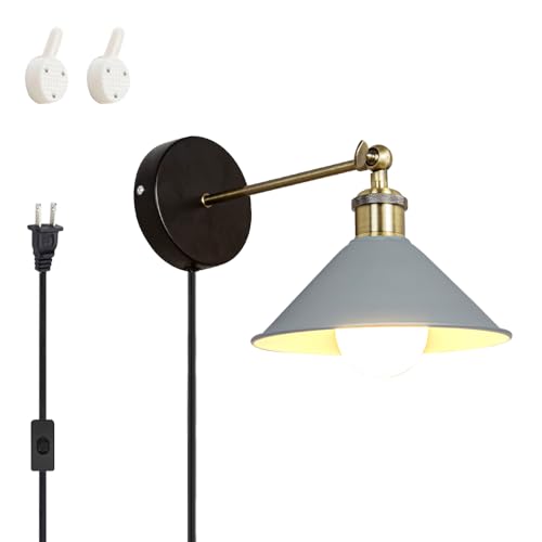 Image of ANYE Wall Sconce UL Plug-in Cord Bronze E26 Base Retro Minimalist Style Macaron Grey Iron Shade Wall Light Fixture for Cabinet Kitchen Hotel Bulb Sold Separately