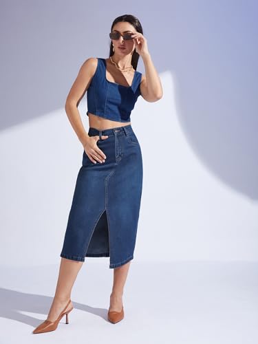 Image of Miss Chase Women's Regular High Rise Above Knee Stretchable Denim Skirt