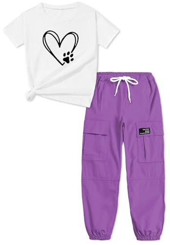Image of ARTMINE Girls' 2 Piece Outfits Casual Drawstring Jogger Pants and Basic Short Sleeve Top Set, 6-14 Years