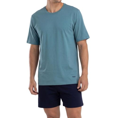 MASH Pijama Algodão Manga Curta Gola Careca Elástico Bordado Masculino Adulto, Azul Diesel, P
