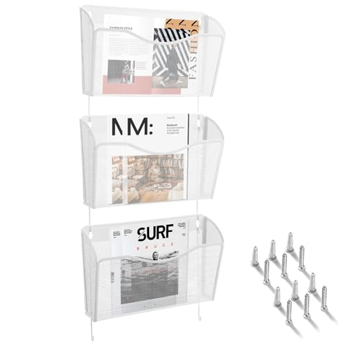 AGPTEK Archivador Montable en Pared (Paquete de 3), Archivador Organizador Malla Metálica con Compartimiento Sencillo - Blanco
