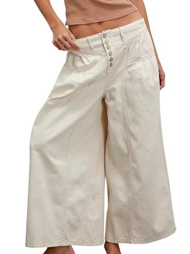 Womens Baggy Wide Leg Jeans Elastic Mid Waisted Boyfriend Loose Fit Denim Pants