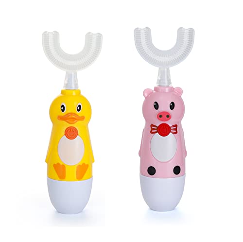 AUSLEBEN Automatic Electric Toothbrush for 2-6 Years Kids, Ultrasonic Toothbrush for 4-9 Years Children, U Type Whitening Kids Electronic Toothbrush(Yellow Pink 2 Pack)