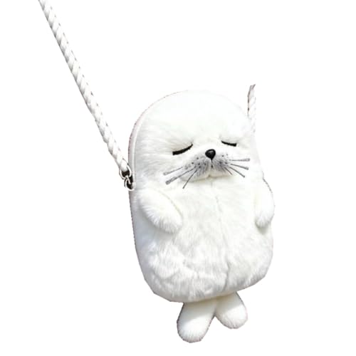 Petite pochette à bandoulière en peluche blanche avec sangles réglables, sac à main léger en peluche avec sceau de dessin animé, style 3, White
