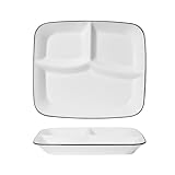 FeiFan 仕切り付きランチトレイ、カフェスタイルのデザイン、明るい色、耐熱性と耐破損性、軽量樹脂、食器洗い機と電子レンジに対応 (黒線10インチ長方形3グリッドプレート,ホワイト) [並行輸入品]