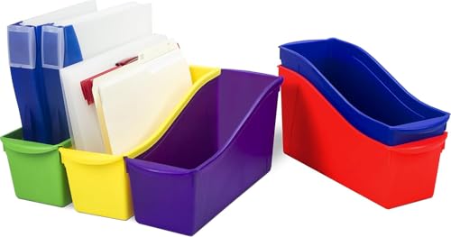 Image of Storex Large Book Bin, Interlocking Plastic Organizer for Home, Office and Classroom, Assorted Colors, (70105C06C) (Pack of 30)