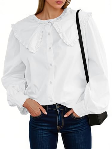 Tankaneo Womens Button Down Shirts Cotton Puff Sleeve Babydoll Blouse Fall Casual Doll Collar Tops