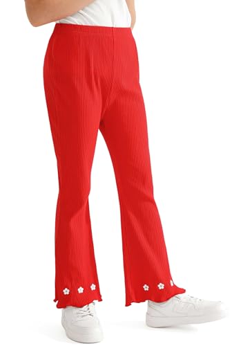 Girl's Fall Knitted Ribbed Bell Bottoms Pants Ruffle Flare Pants Floral Embroidery Trousers for Children's3