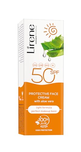 Image of Lirene - SPF 50 Face Cream - Face Sun Cream Factor 50 - Sunscreen with Aloe Vera & Golden Algae Extract - Waterproof Formula - Protection Against UVA & UVB Radiation, HEV light and IR - 50 ml