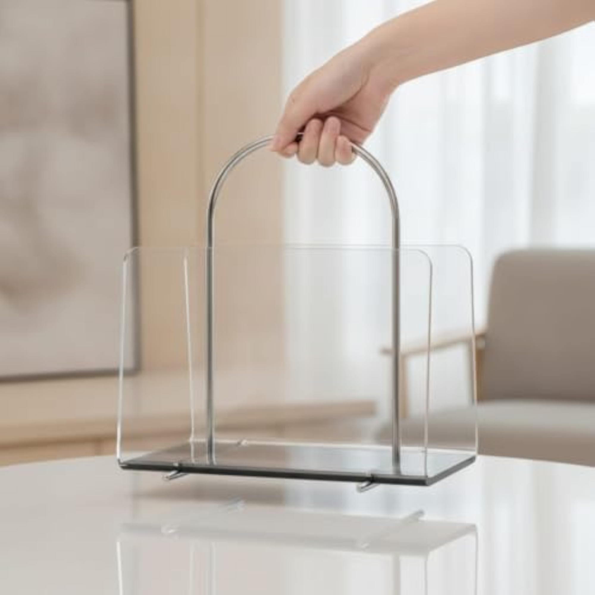 Modern Transparent Acrylic Magazine Rack with Handle