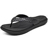 KuaiLu Schwarz Flip Flops Damen Leder Zehentrenner mit Arch Support für Sommer Beach Frauen Bequeme Yoga Mat Tanga Sandalen für Plantar Fasciitis Größe 41EU