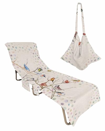 Birds Beige Beach Chair Towel Covers for Chaise Lounge with Side Pocket, Soft Plush Pool Towels Cover for Patio Sunbathing Outdoor 29''x85'' Boho Vintage Tree Branch Bohemia Ombre Dots