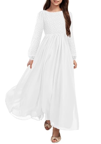 HOSIKA Girls Long Sleeve Maxi Dress Vintage Chiffon A-Line Formal Junior Bridesmaid Dresses for Fall Wedding Party, White, 12 Years