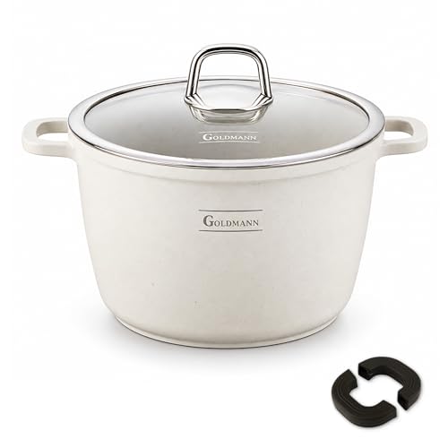 GOLDMANN Casserole/Marmite Aluminium, 24 cm, 6.2 L, revêtement antiadhésif en céramique effet marbre, couvercle en verre, compatible induction et tous feux, passe au...