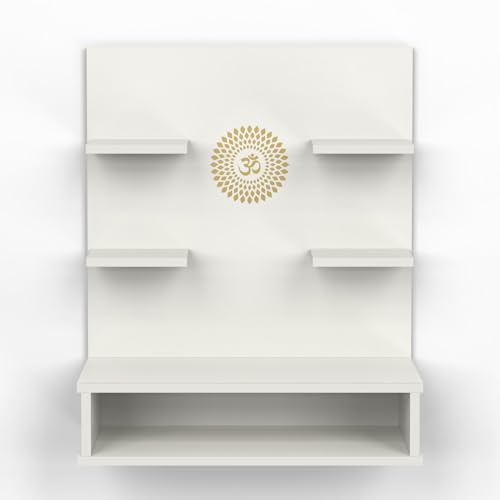 Image of BLUEWUD Dhruv Wall Mount Wooden Mandir for Home, Temple for Home, Pooja Stand with Storage Shelves for Idold & Frames, Compact Mandir Temple Unit for Shops & Office (White)