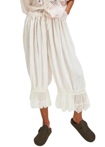 NUFIWI Women Ruffle Long Bloomer Y2k Lace Trim Pettipants Pantaloons Mid Rise Cropped Pajama Pants Under Dress Slips(Cute White,M)