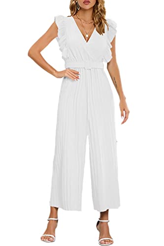 YuanDiann Mono de verano para mujer, elegante, con volantes, color sólido, cuello en V, plisado, pierna ancha, cintura alta, sin mangas, casual, fiesta de negocios, con cinturón, blanco, M