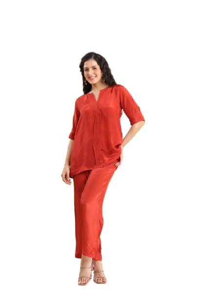 jisora Women's Rust Solid Natural Crepe Co-ord Set-picture-12