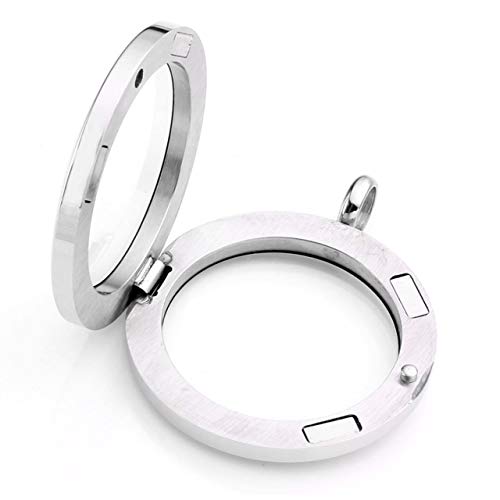 Zysta Silver Round Locket Pendant Necklace 30Mm Glossy Stainless Steel Clear Glass Living Memory Floating Charms Stone Storage #TOP4