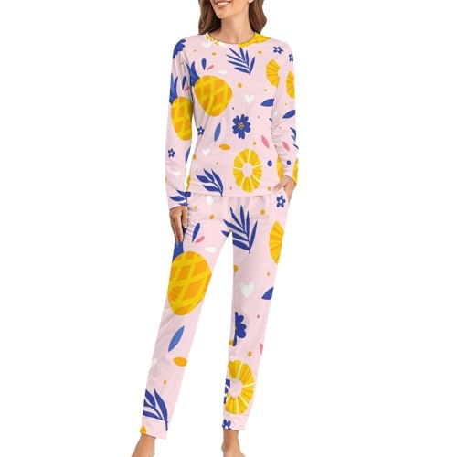 Pyjama femme manches longues et pantalon sleepwear jaune imprimé ananas original