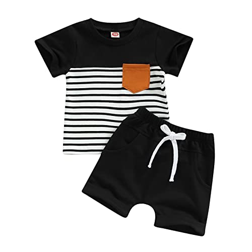 Rommioluya Baby Boy Summer Clothes Colorblock T-Shirt and T-Shirt Striped Shorts Set Infant Boy Summer Outfit