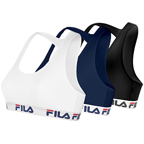 FILA Reggiseno Sportivo Donna in cotone, senza rinforzo, set di 3, Blu, Nero, Bianco, Taglie L
