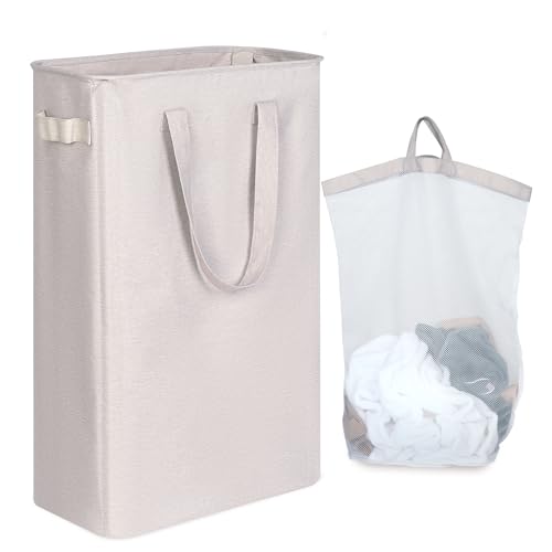iEGrow Slim Laundry Basket, 50L Tall Laundry Hamper with Removable and Washable Inner Bag and Handles, Small Storage Washing Baskets for Clothes Toys Towels (Silver Gray)